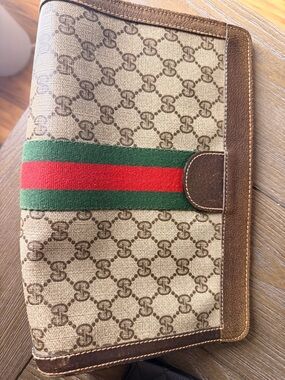 Gucci Beige Brown Monogram Toiletry Pouch with Signature Green-Red Web